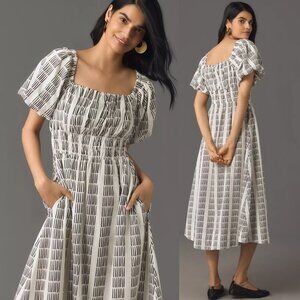 NEW Anthropologie Maeve Puff-Sleeve Square-Neck Smocked Midi Dress Black White